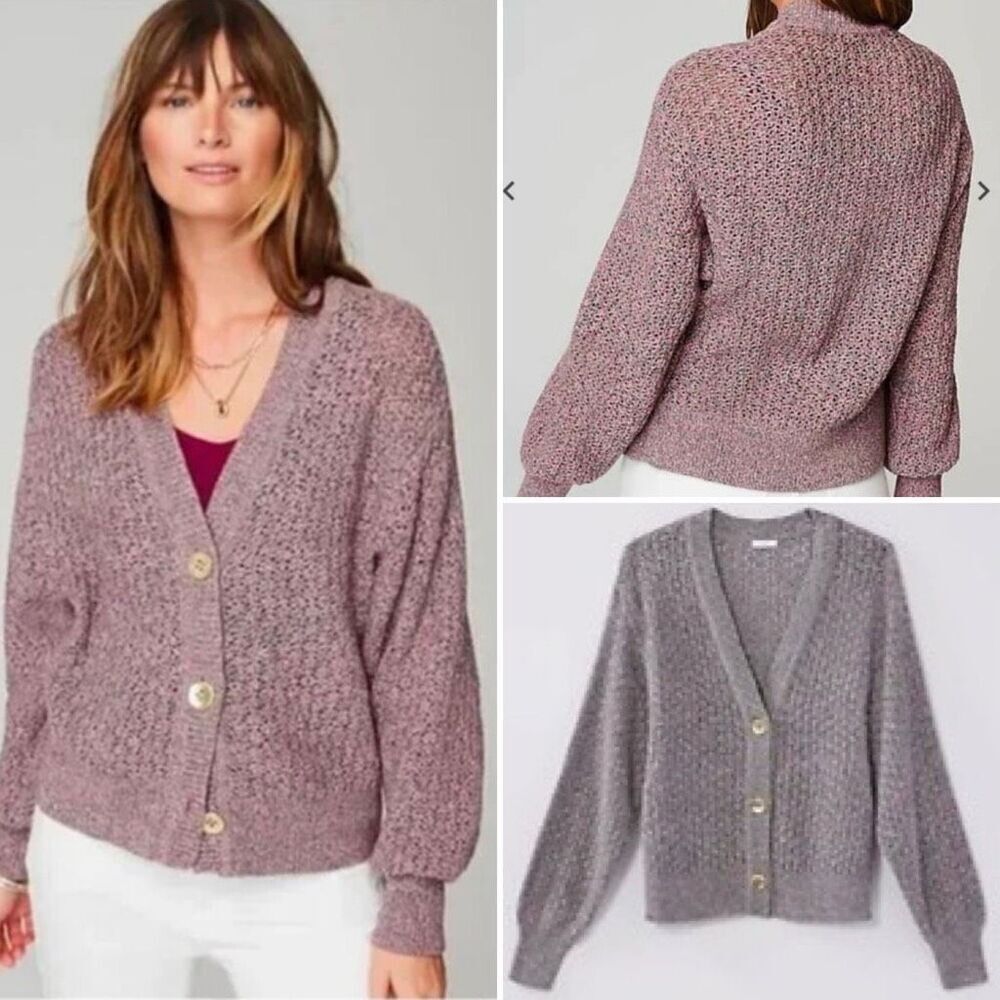 J. Jill Mixed Color Textured Cotton Knit V-Neck Cardigan Pink, Green Size L - Picture 12 of 12